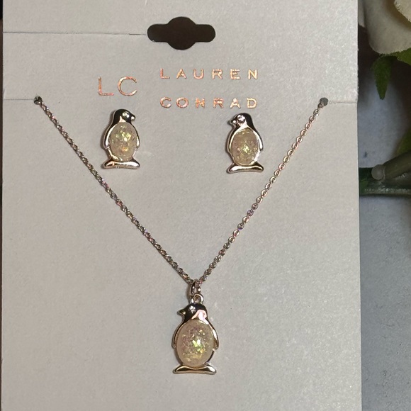 LC Lauren Conrad Opalescent Penguin Necklace and Earring Set in Rose Gold Tone - Picture 5 of 8